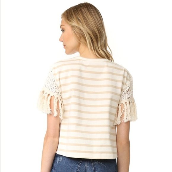 SEE BY CHLOE tan & cream striped short sleeve t-shirt with crochet & fringe trim - Picture 2 of 12